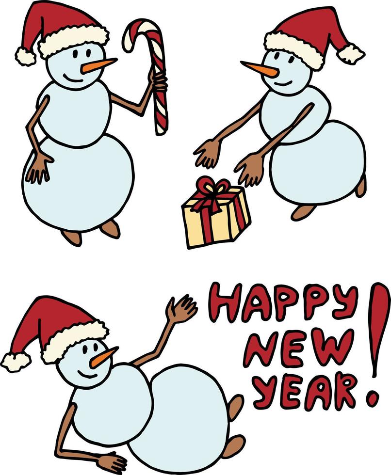 Set with snowman on white background. Vector image.