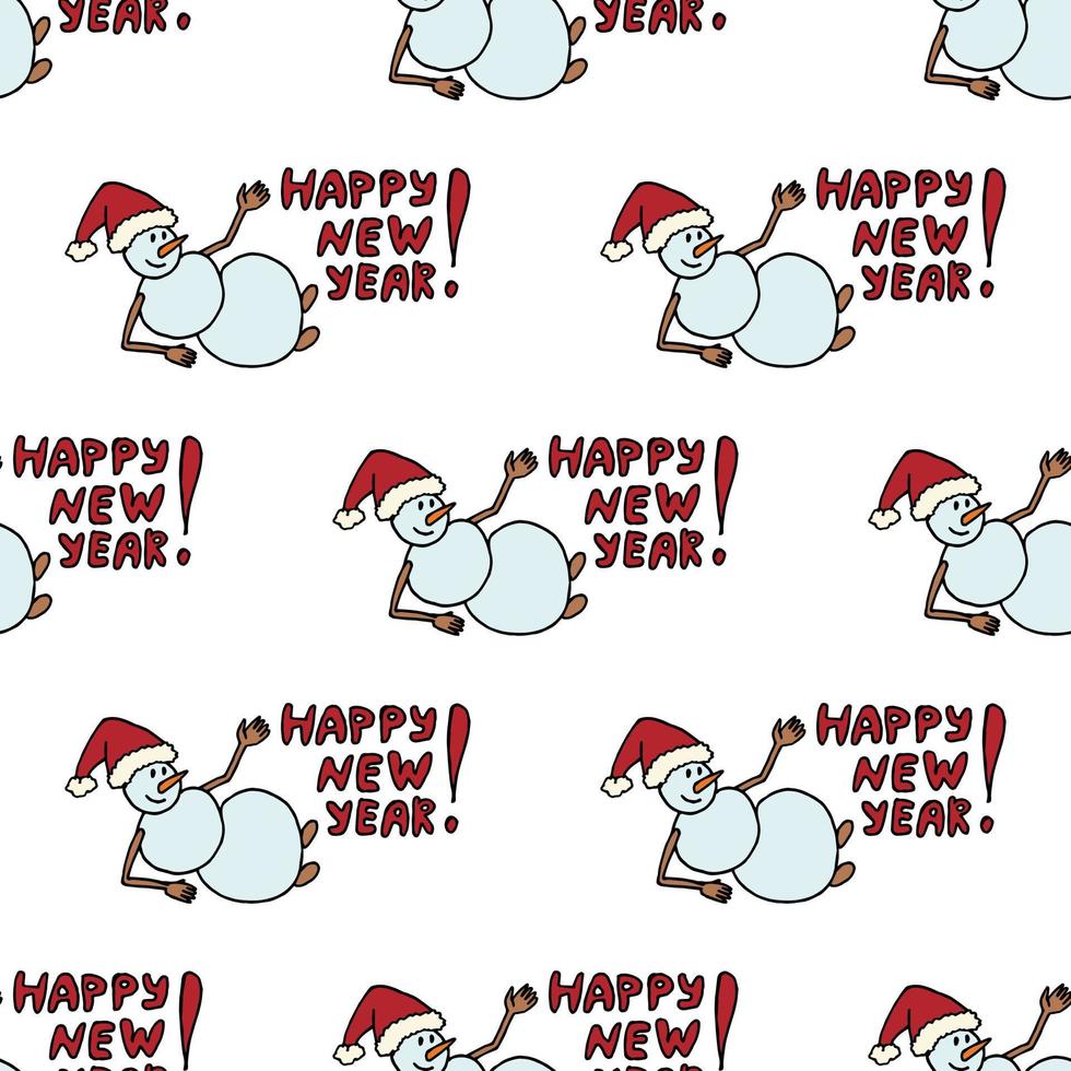 Seamless pattern with snowman with text Happy New Year on white background. Vector image.