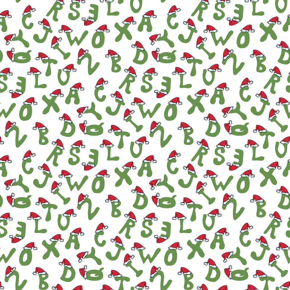 Seamless pattern with green letters in red christmas hats on white background. Vector image.