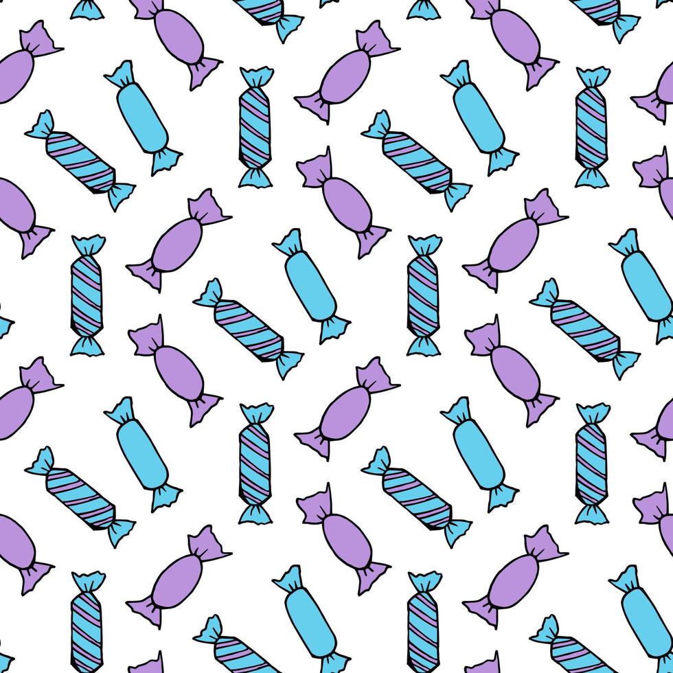 Seamless pattern with blue and light violet candies on white background. Vector image.