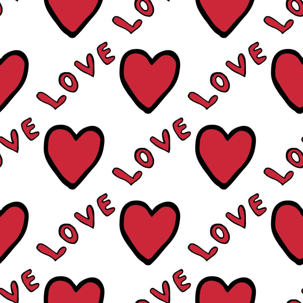 Seamless pattern with cute word Love and red hearts on white background. Vector image.