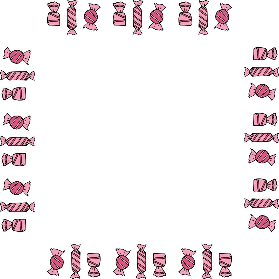 Square frame with pink candies on white background. Vector image.