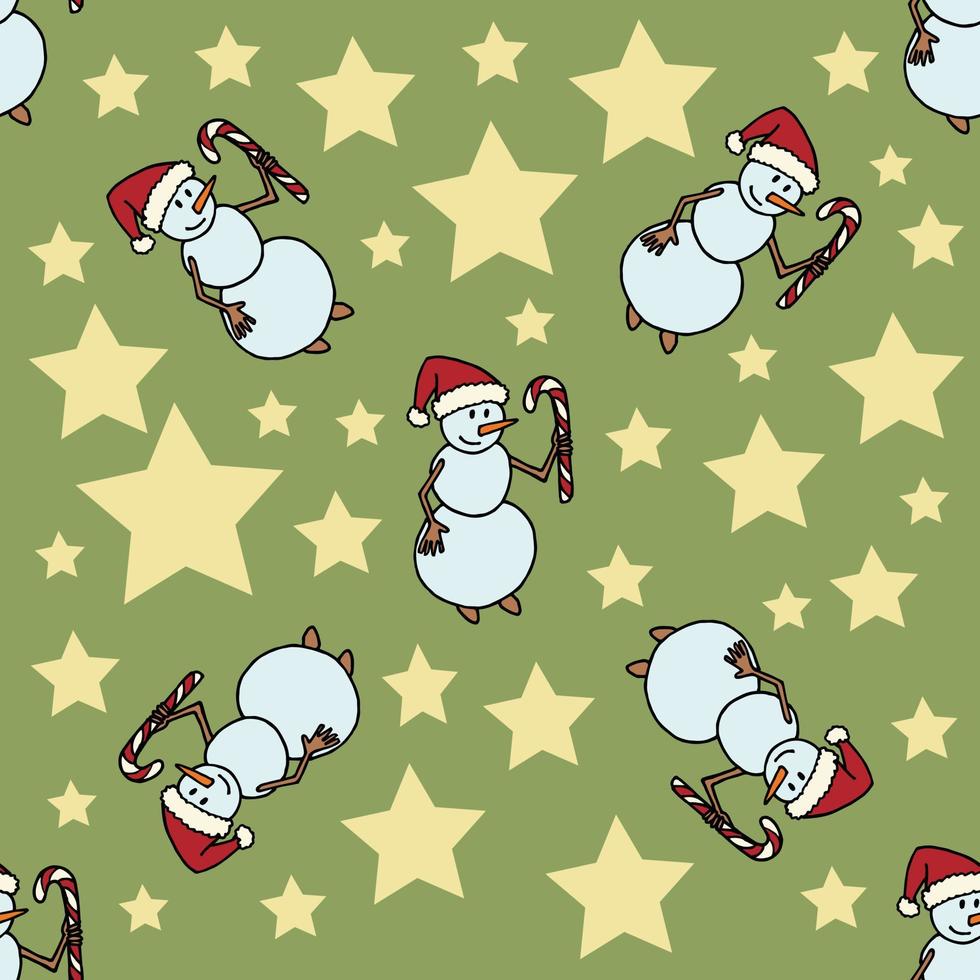 Seamless pattern with snowman with candy and yellow stars on green background. Vector image.