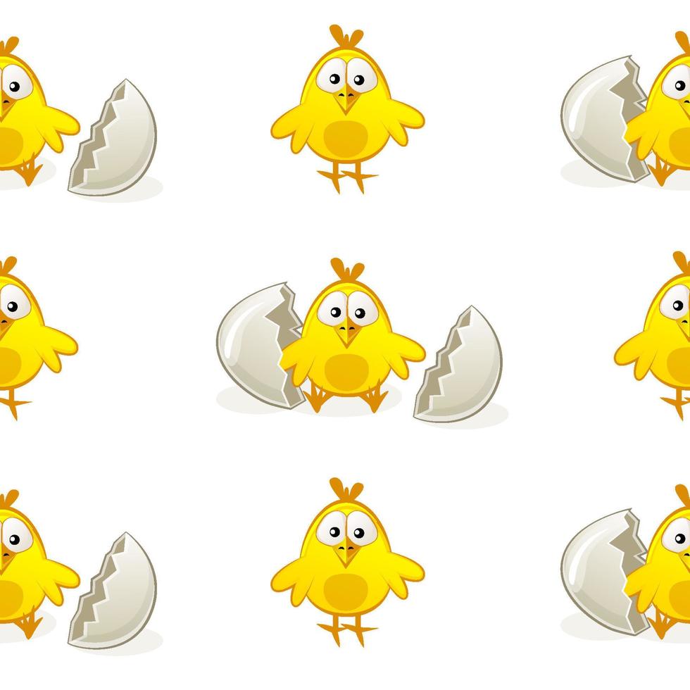Seamless pattern chickens from eggs on white background. Vector illustration textured Easter chicken background for wallpaper.