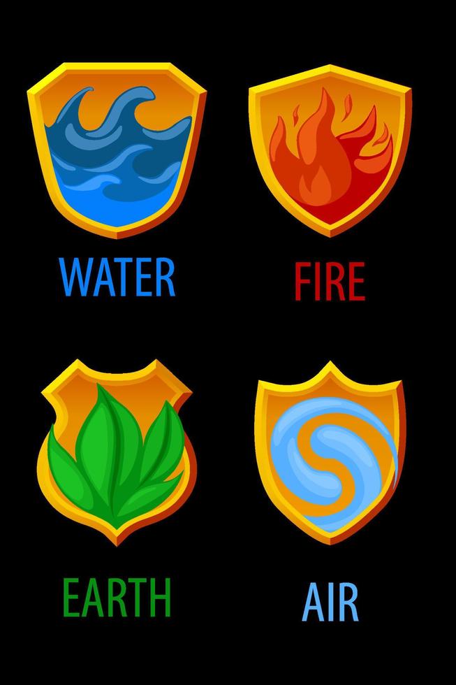 Shields with 4 natural elements for the game. Vector illustration of golden icons water, earth, fire, air.