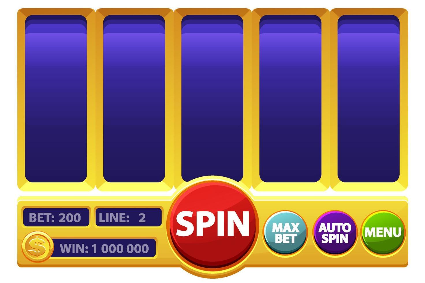 Slot machine games screen, online casino gambling. Vector illustration graphical interface with buttons, menus.