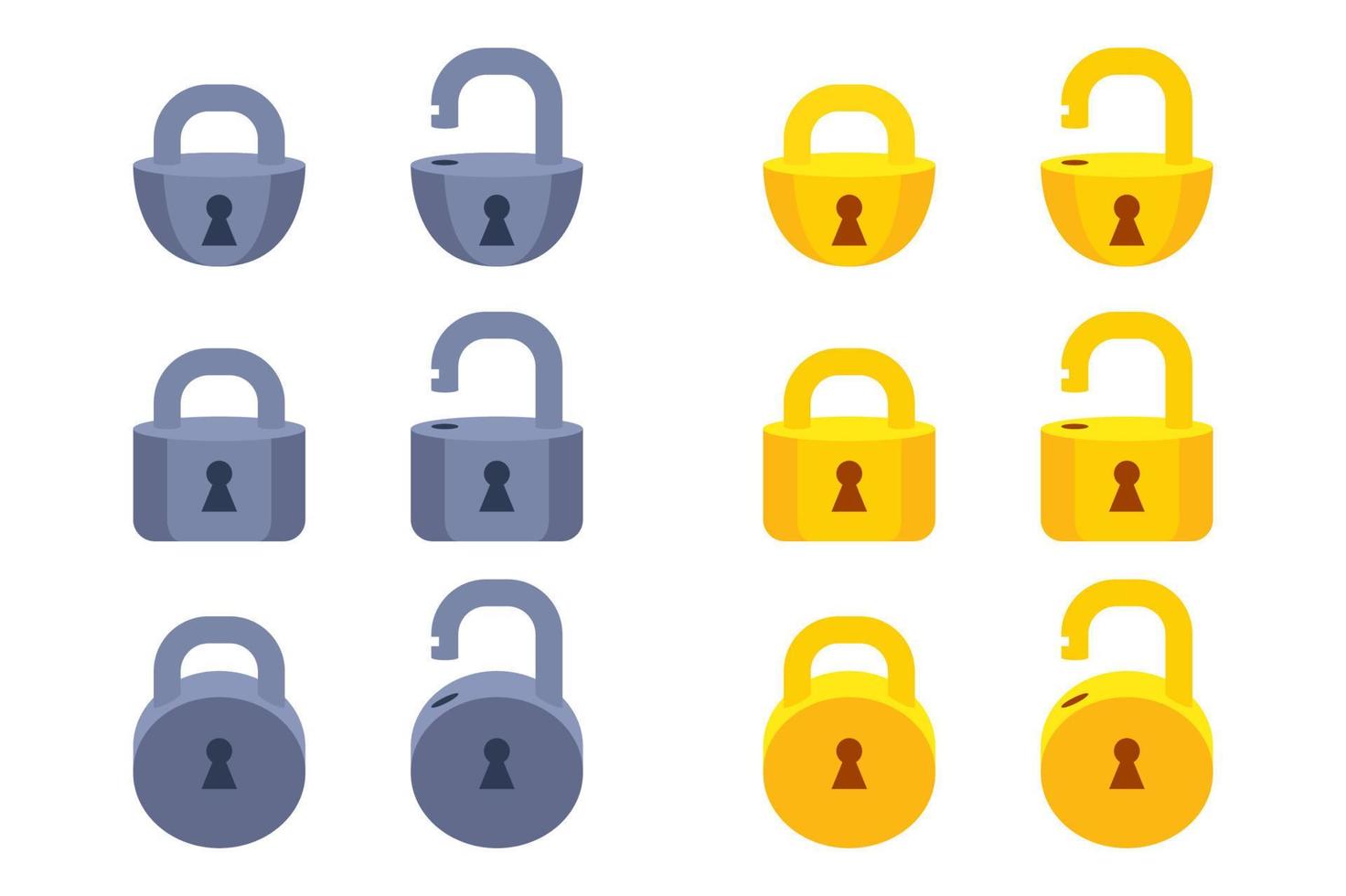 Game icon golden metal closed lock of different shapes. Vector illustration set padlock in cartoon style for surprise, hidden or locked object.