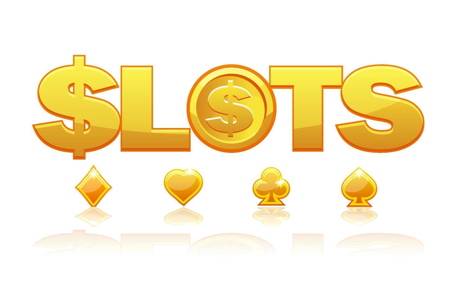 Gold logo slot with card suits for casino games. Vector illustration banner with dollar sign, coin for graphic design.