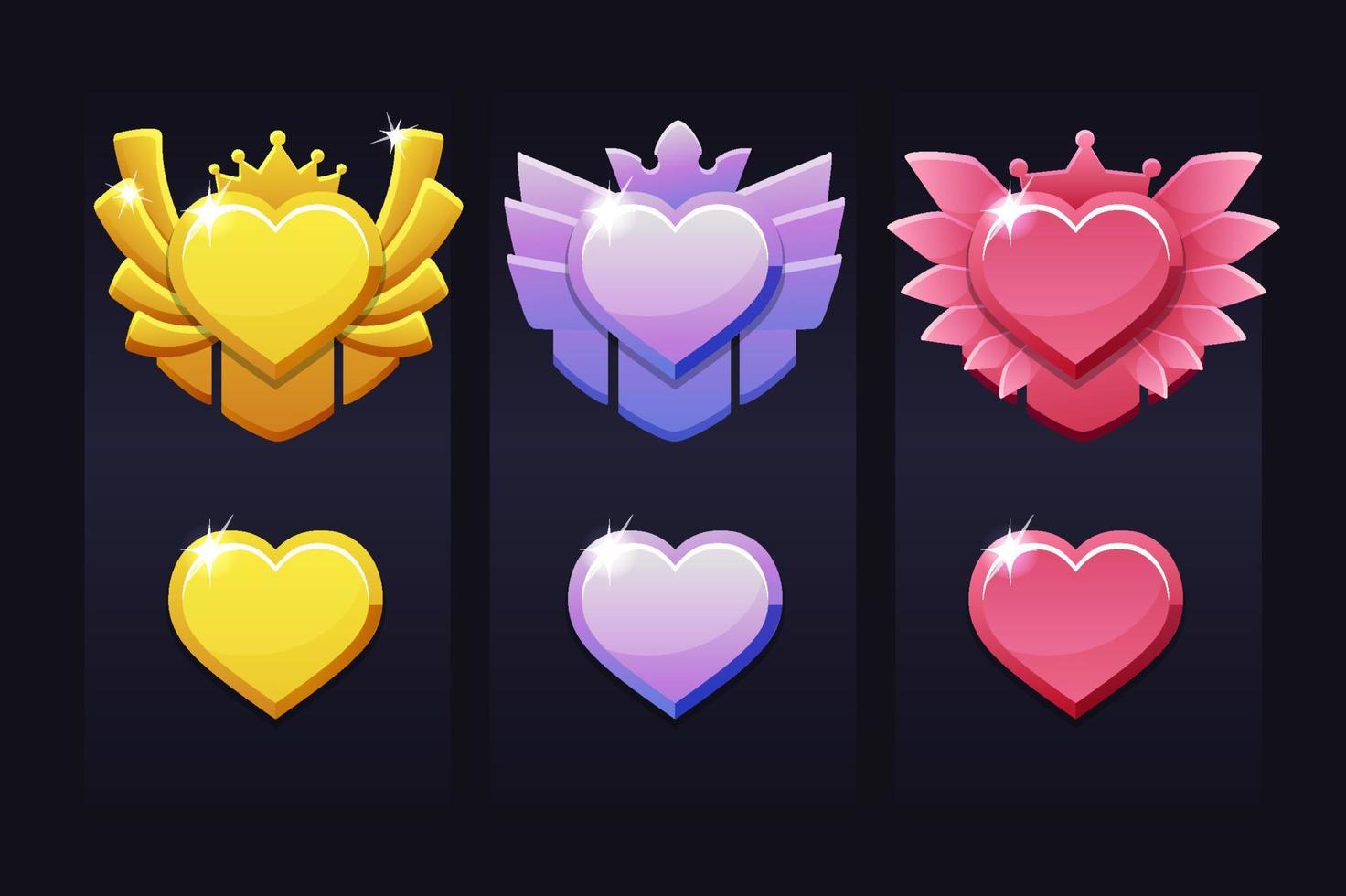 Achievement heart for the game, award labels for winner. Vector illustration set of colorful heart love icons for graphic design.