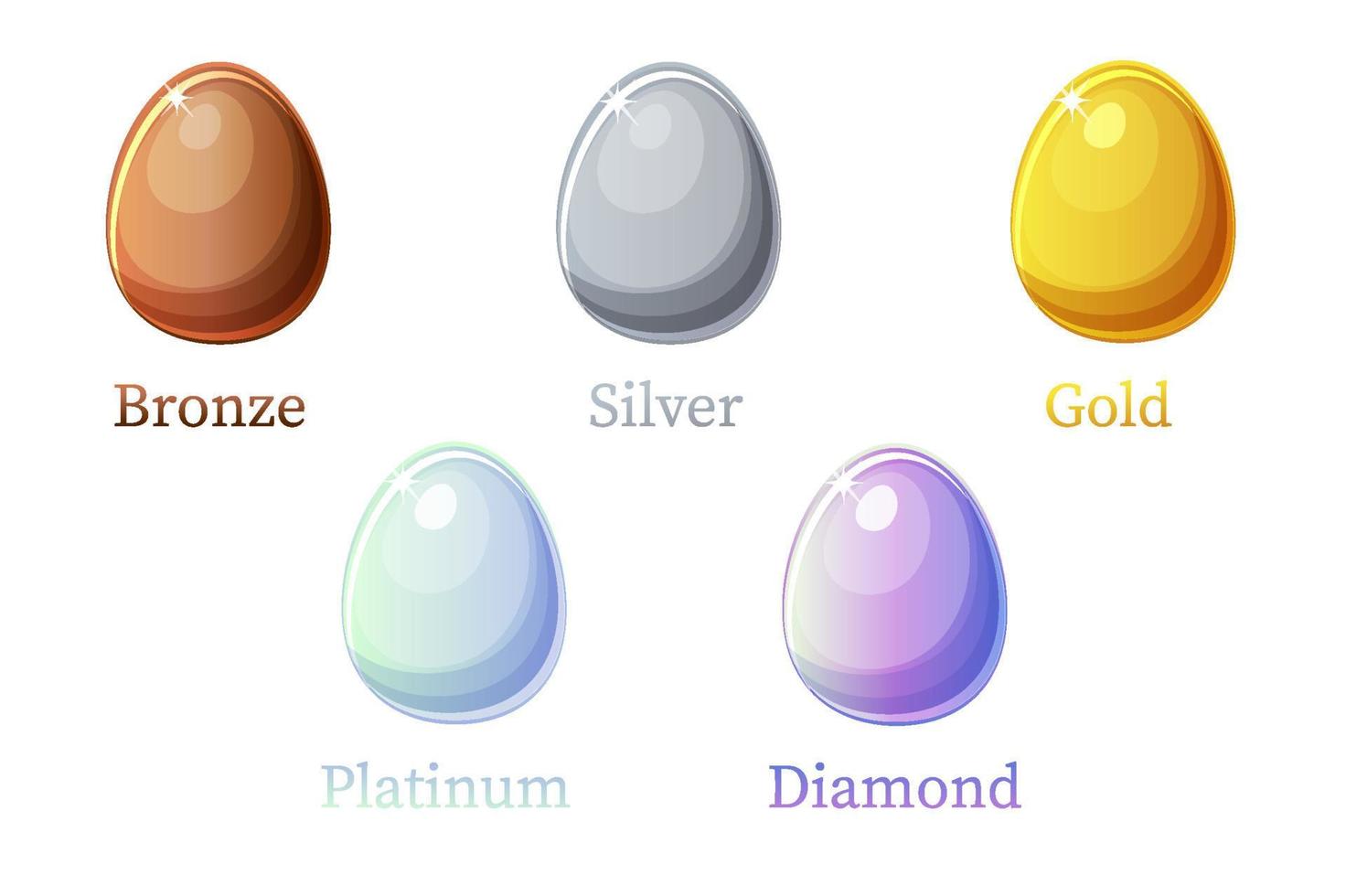 Game rank eggs, different metals and diamonds for graphic design. Vector illustration set isolated icons metallic eggs.