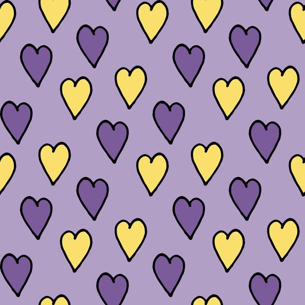 Seamless pattern with yellow and violet hearts on light violet background. Vector image.