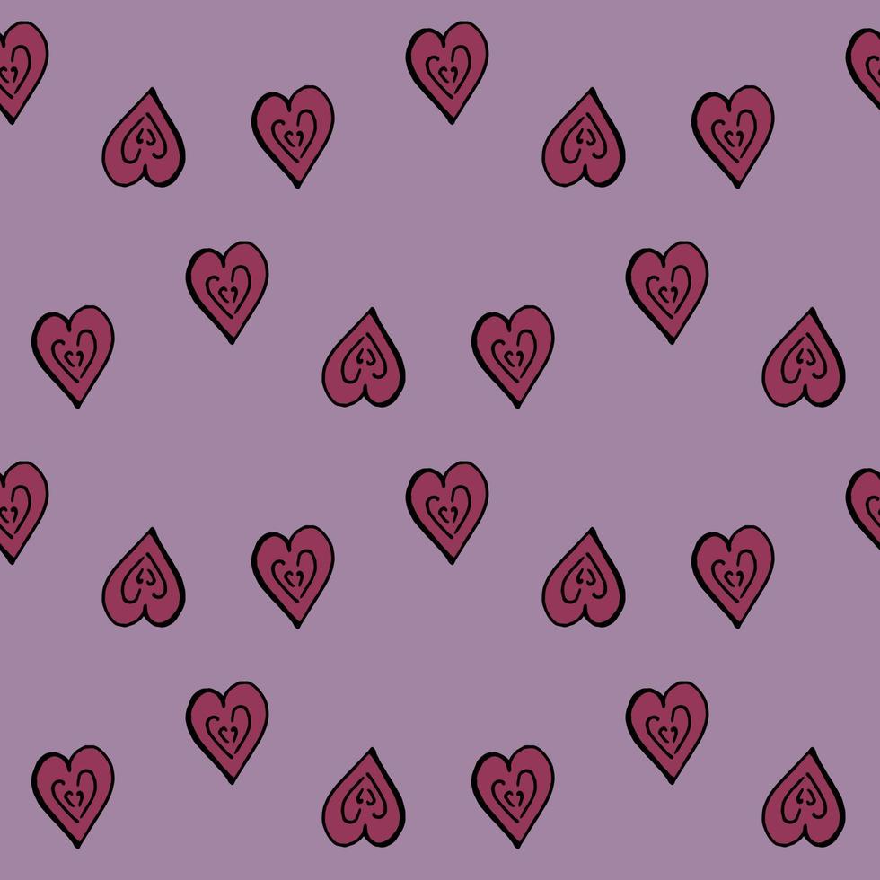 Seamless pattern with dark pink hearts on light violet background. Vector image.