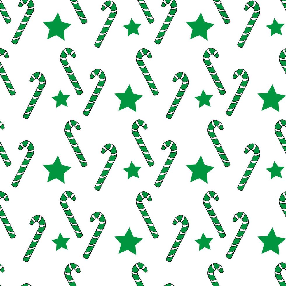 Seamless pattern with christmas candies and green stars on white background. Vector image.