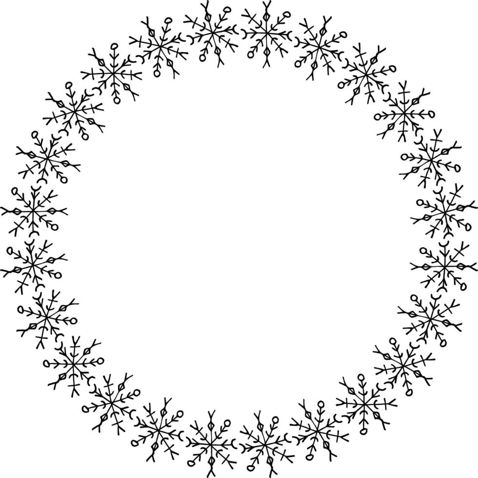 Round frame with handdrawn black snowflakes on white background. Vector image.