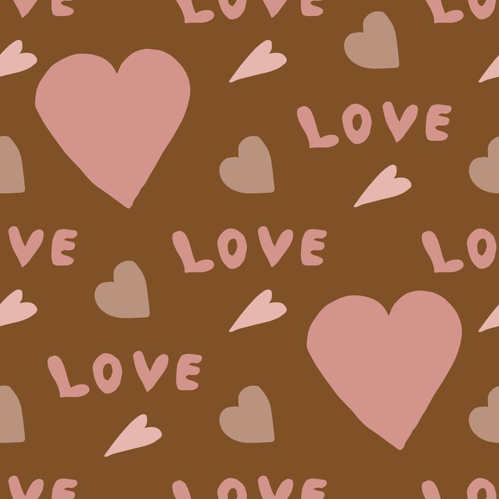 Seamless pattern with word love and pink hearts on brown background. Vector image.
