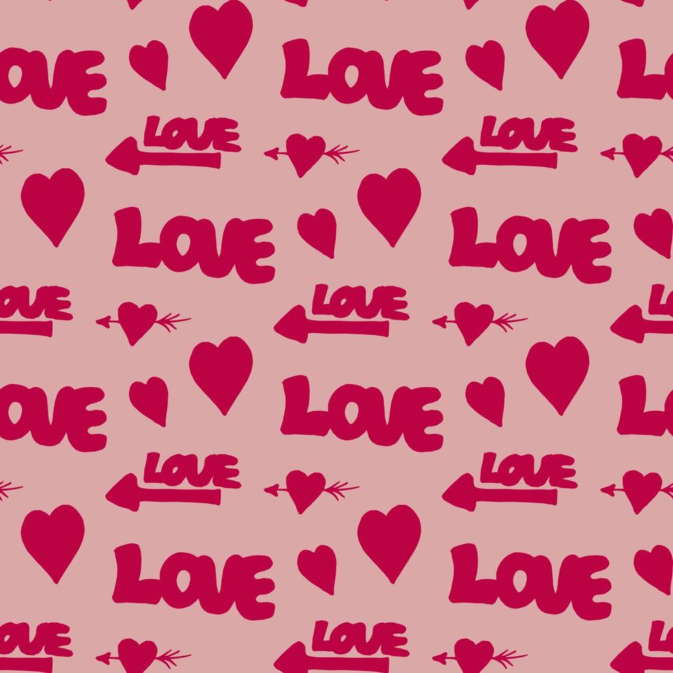 Seamless pattern with the words love and hearts on light pink background. Vector image.
