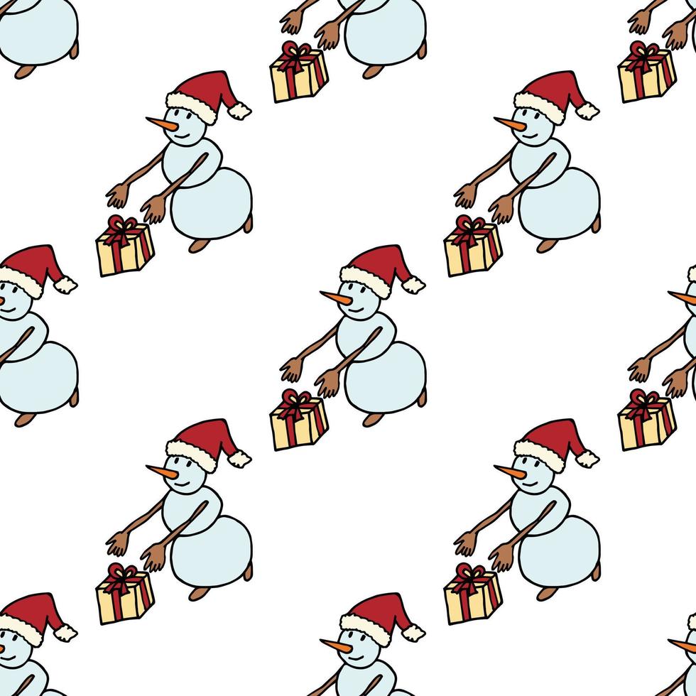 Seamless pattern with snowman with gift on white background. Vector image.