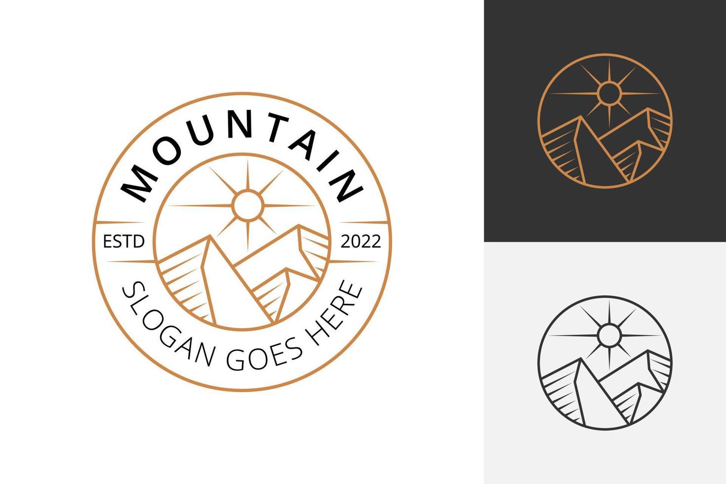 Minimalist Landscape Hills Mountain Peaks Vector badge logo design. mountain outdoors with sun sunrise emblem logo