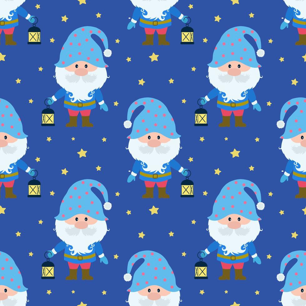 Vector seamless pattern with the image of a gnome, a lantern and stars. Seamless vector printing on children's fabrics, wallpaper, textiles, packaging, design.