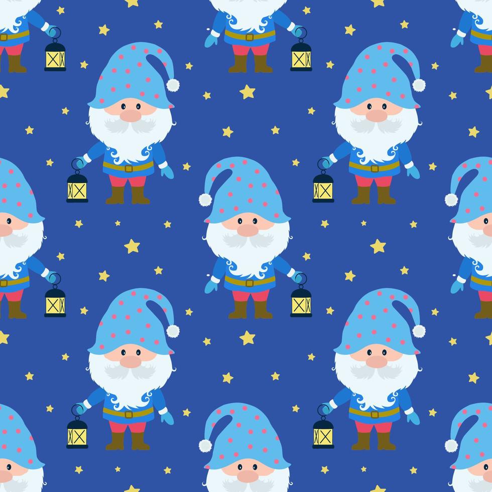 Vector seamless pattern with the image of a gnome, a lantern and stars. Seamless vector printing on children's fabrics, wallpaper, textiles, packaging, design.