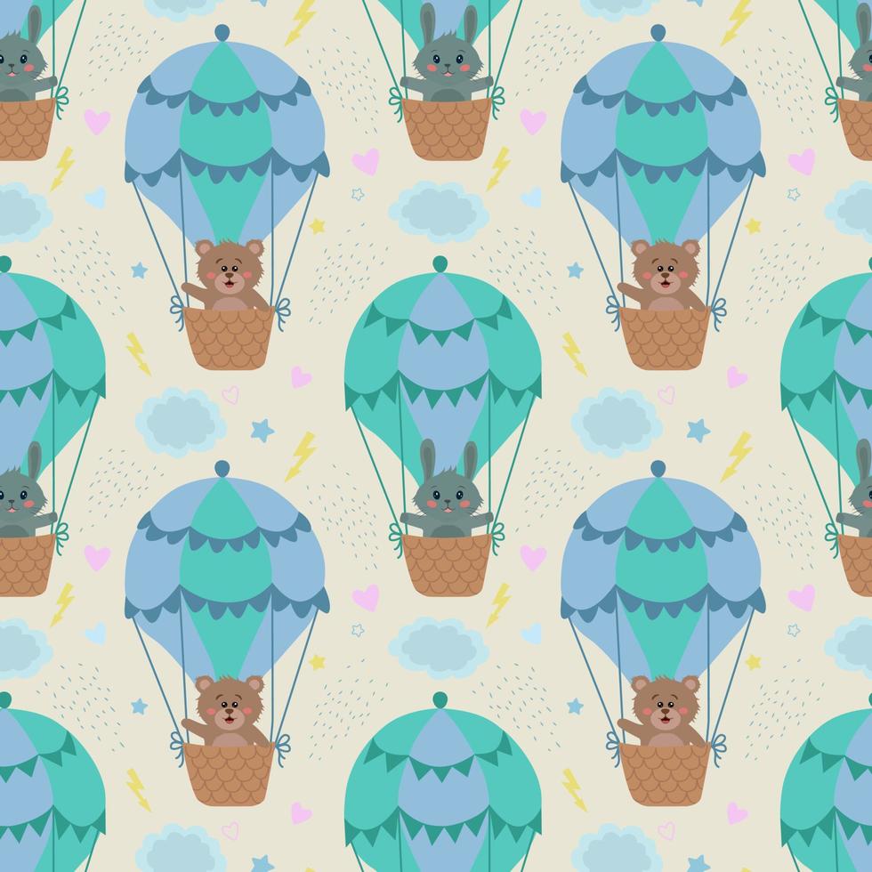 Vector seamless pattern with rabbits and bears on a balloon. Vector illustration with animals for children. It is used for printing on children's fabrics, wallpaper, textiles, design.