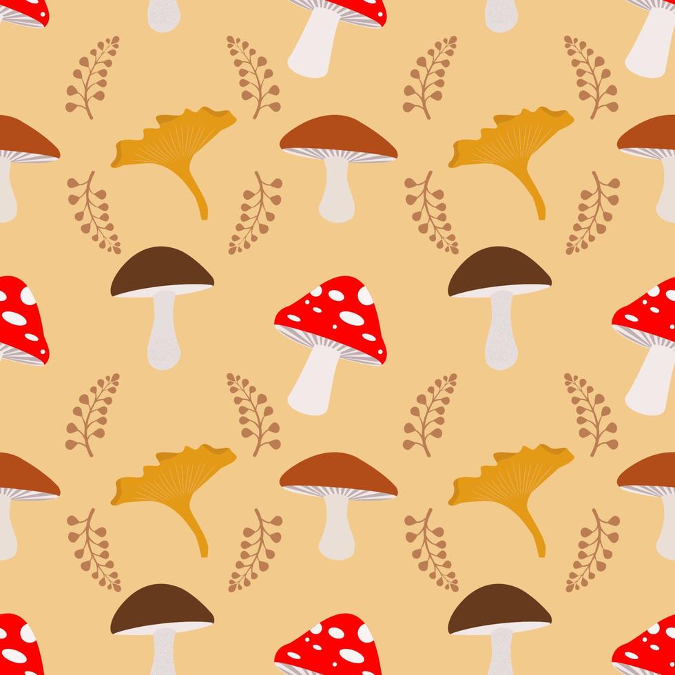 Vector seamless pattern of mushrooms. Autumn pattern. A bright, repetitive texture for the autumn season. Design of postcards, prints made of wrapping paper, packaging.