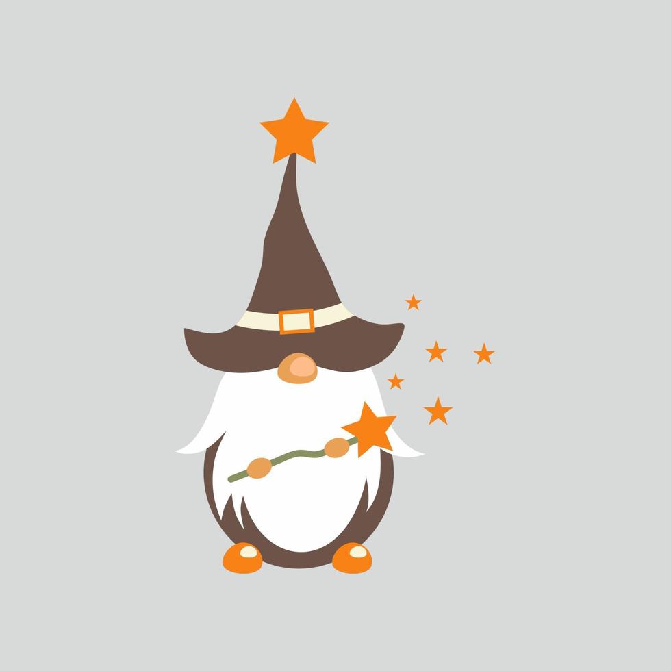 Cute dwarf with magic wand. Gnome in wizard hat. Fairy tale character in cartoon style. vector