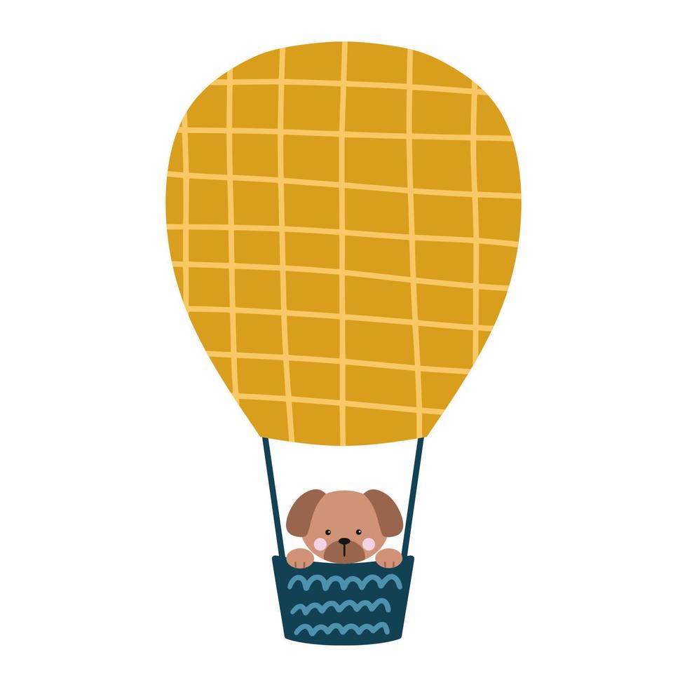 Puppy flying in air balloon. Cute dog. Poster for nursery. Vector illustration in cartoon style.