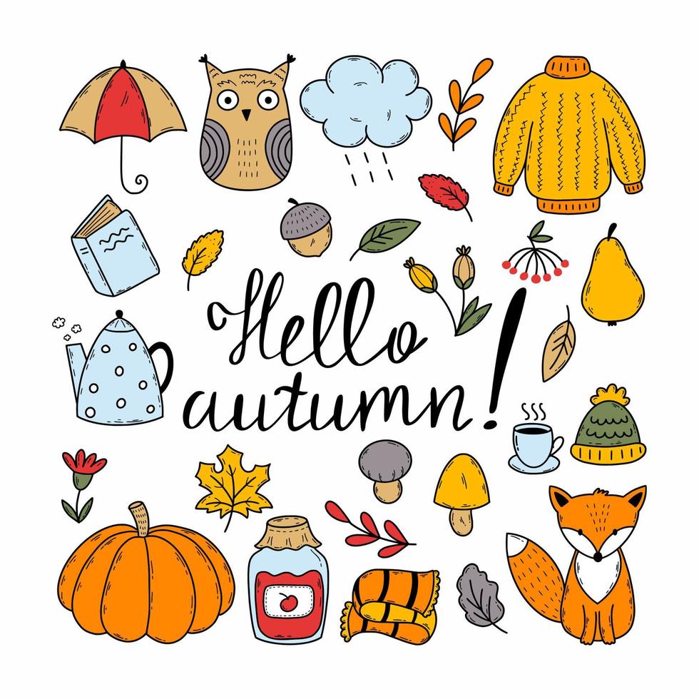 Set of autumn elements. Lettering hello autumn.Vector doodle illustration. Contour drawing. Fall. vector