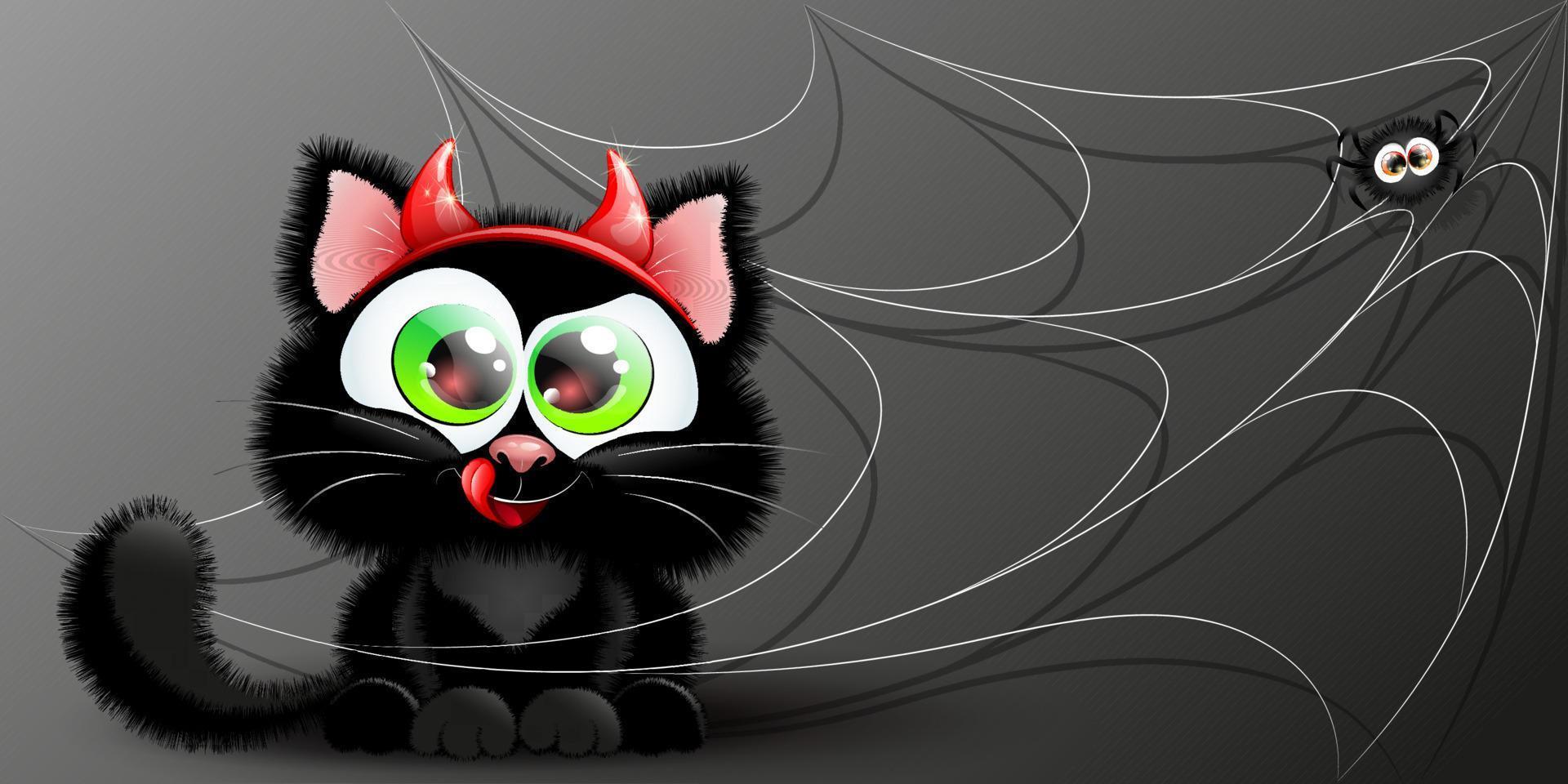 Cute black licking cartoon devil cat with horns headband in spiderweb with spider vector