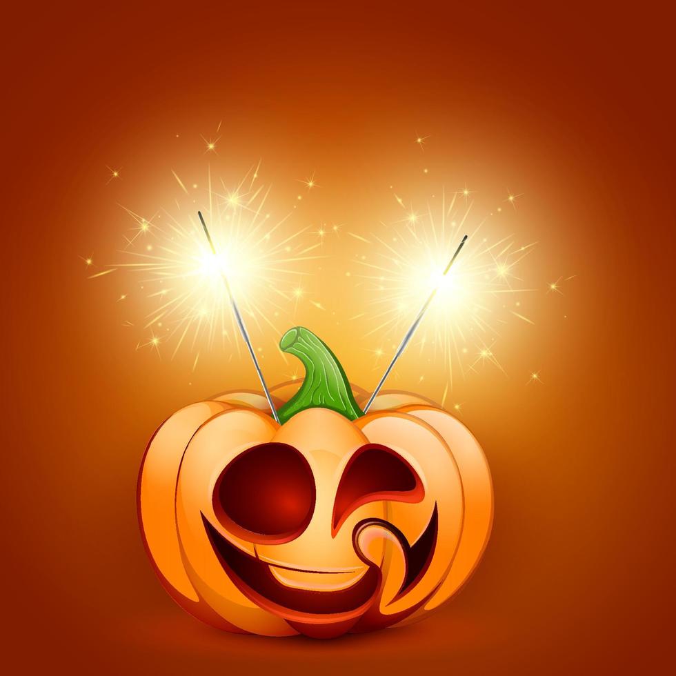 Cartoon licking pumpkin funny with cute face and two bengal sparklers. Halloween concept vector