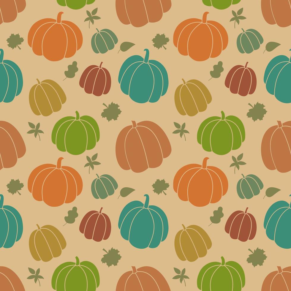 Autumn vector pattern. Seamless harvest background with colorful silhouettes of pumpkins and fall leaves. Hand drawn Thanksgiving and autumn season symbols