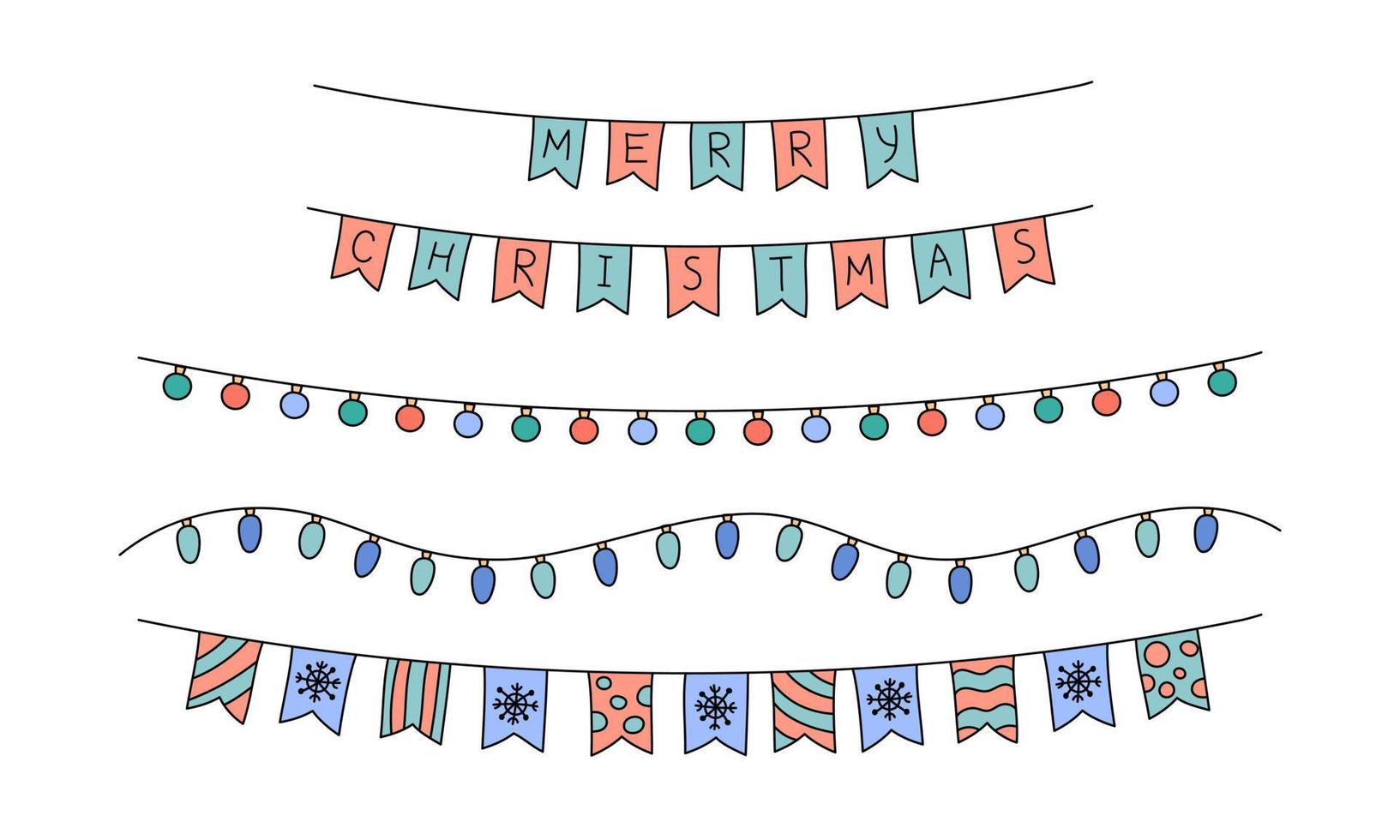 Chrismas garlands and flags vector set. Funny doodles. Outline illustrations of cute isolated festive hanging Christmas decorations, lights, bulbs