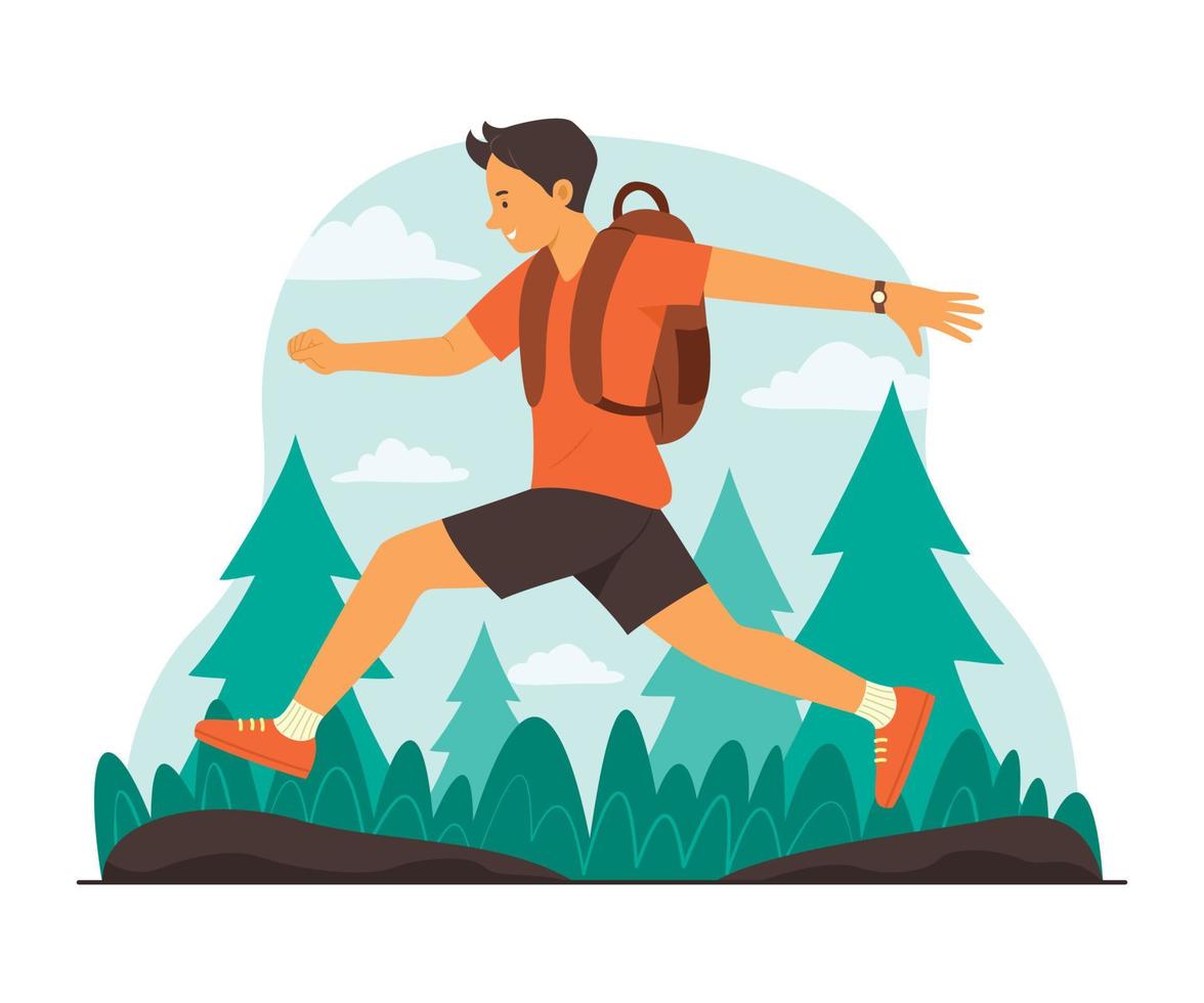 Teenager Boy Enjoy Travel in Forest vector