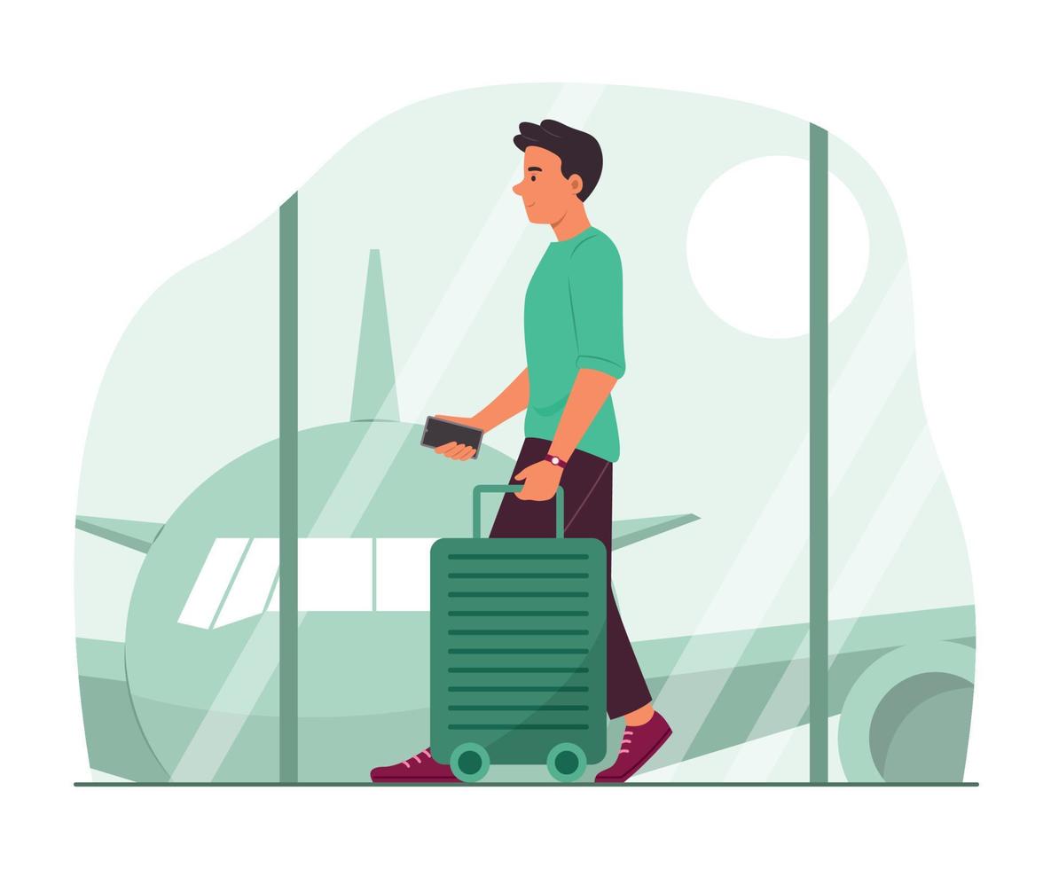 Passenger Man Holding Suitcase and Walking in Airport vector