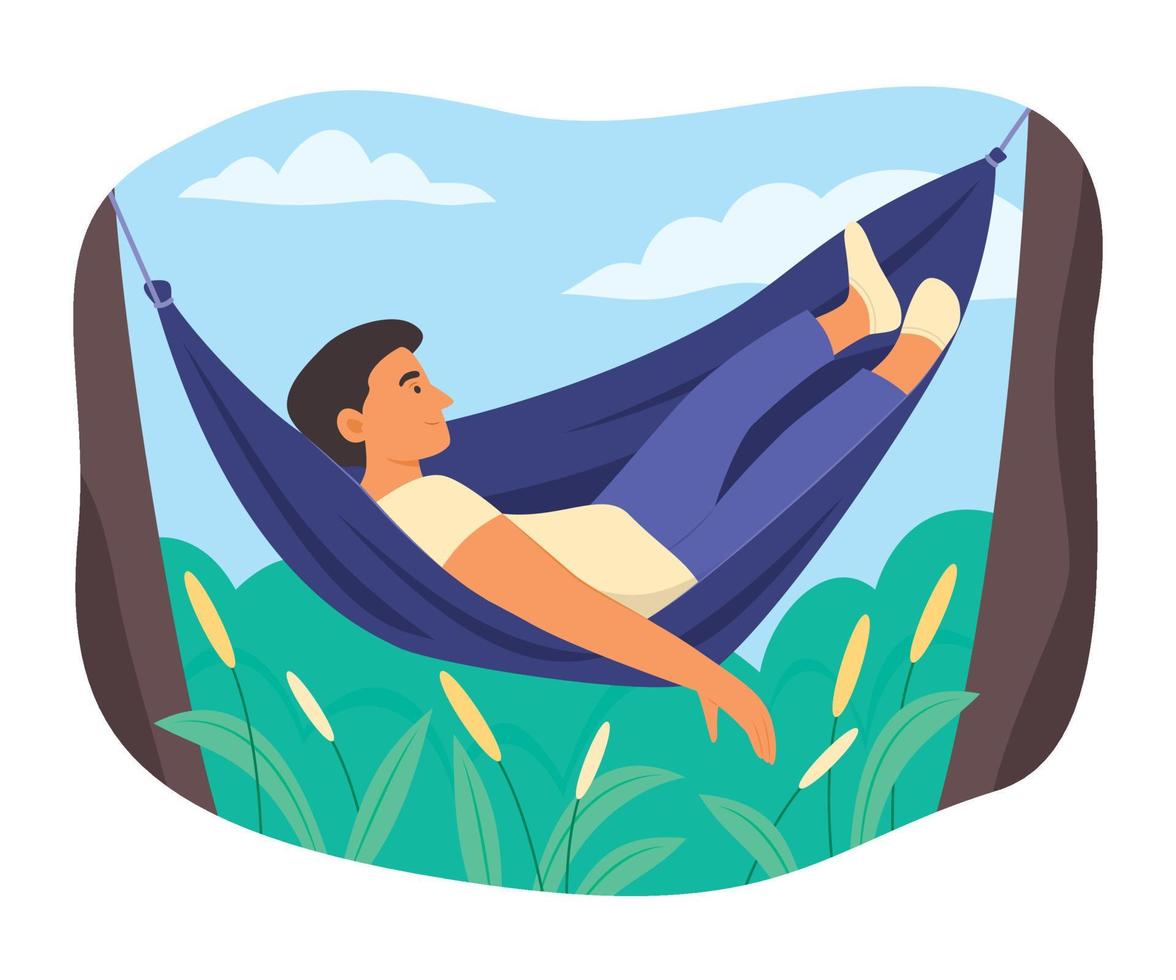 hombre acostado para relajarse en una hamaca y disfrutar de la vida al aire libre vector
