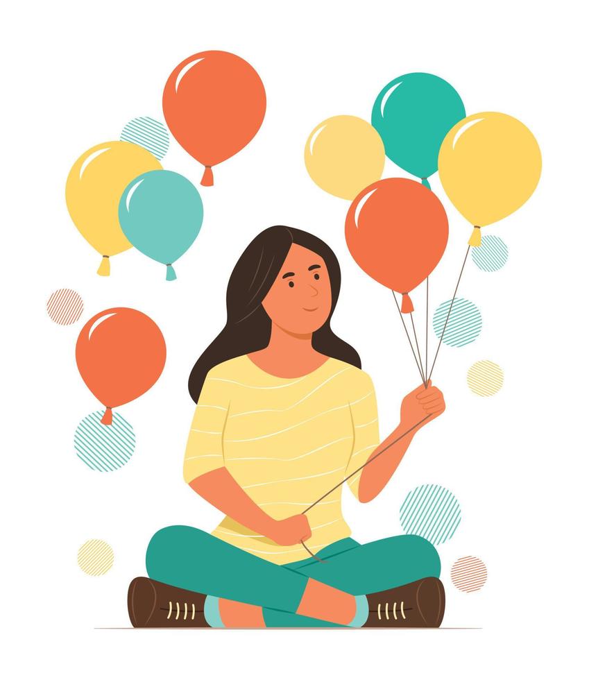 Young Woman Sitting and Holding Colorful Balloons Festive Concept Illustration vector