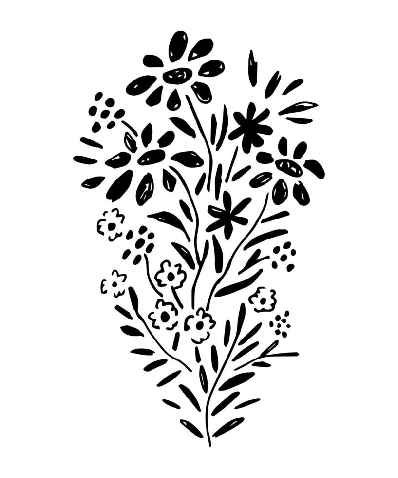 Hand-drawn vector sketch. Black silhouette on a white background, beautiful flower bouquet, for the design of a greeting card. Leaves, berries, gift.