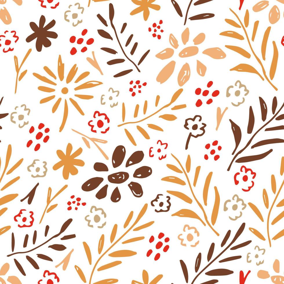 Hand-drawn floral vector seamless pattern for autumn design. Orange, yellow, brown branches, pink flowers, red berries on a white background. For prints of fabric, packaging, textile products, paper.