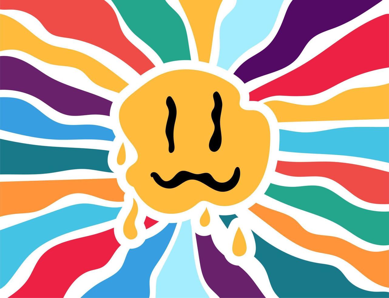 A smile with a rainbow in the retro style of the 70s. Good vibes multicolored inscription. Vector illustration