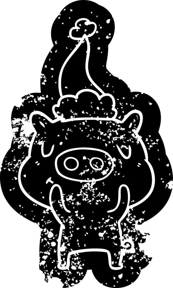 cartoon distressed icon of a content pig wearing santa hat vector