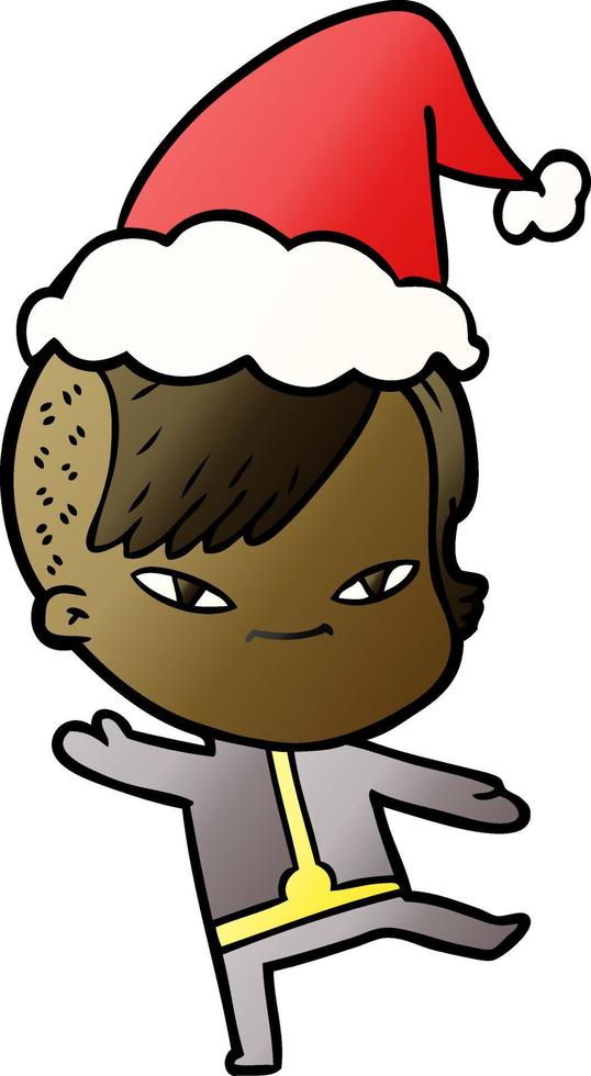 cute gradient cartoon of a girl with hipster haircut wearing santa hat vector