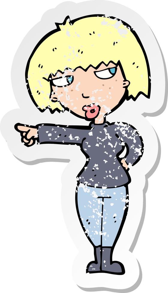 retro distressed sticker of a cartoon annoyed woman pointing vector