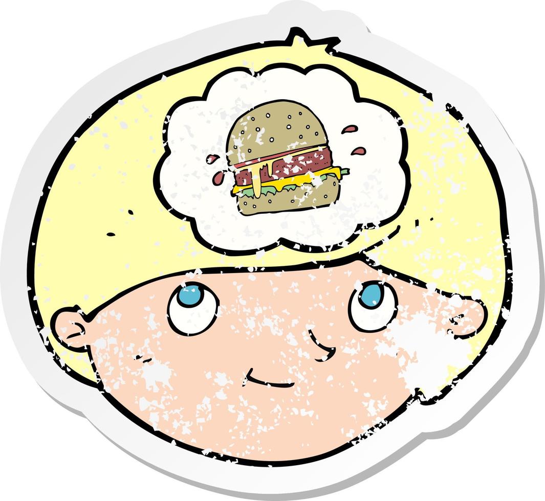 retro distressed sticker of a cartoon man thinking about junk food vector