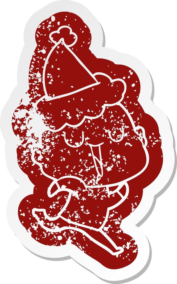 happy cartoon distressed sticker of a bald man wearing santa hat vector