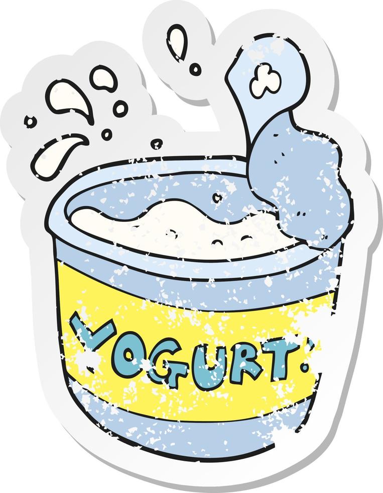 pegatina retro angustiada de un yogur de dibujos animados vector