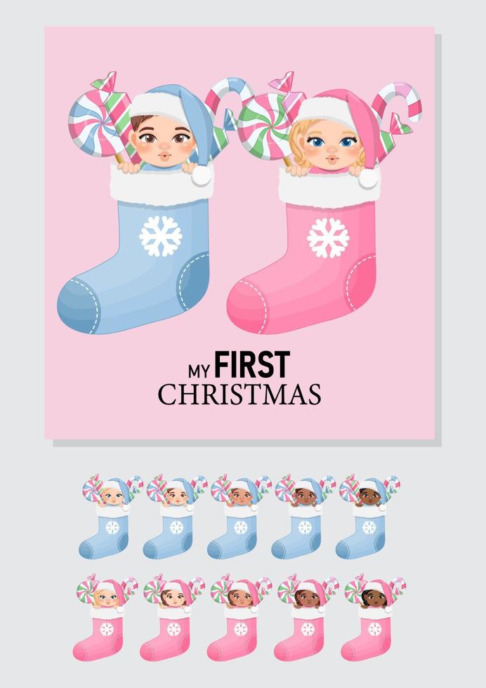 el primer calcetín navideño del bebé con una linda y diversa colección de bebés y niñas en vectores de color pastel para ropa de bebé, tarjetas de felicitación e invitación, afiches y diseño de regalos.