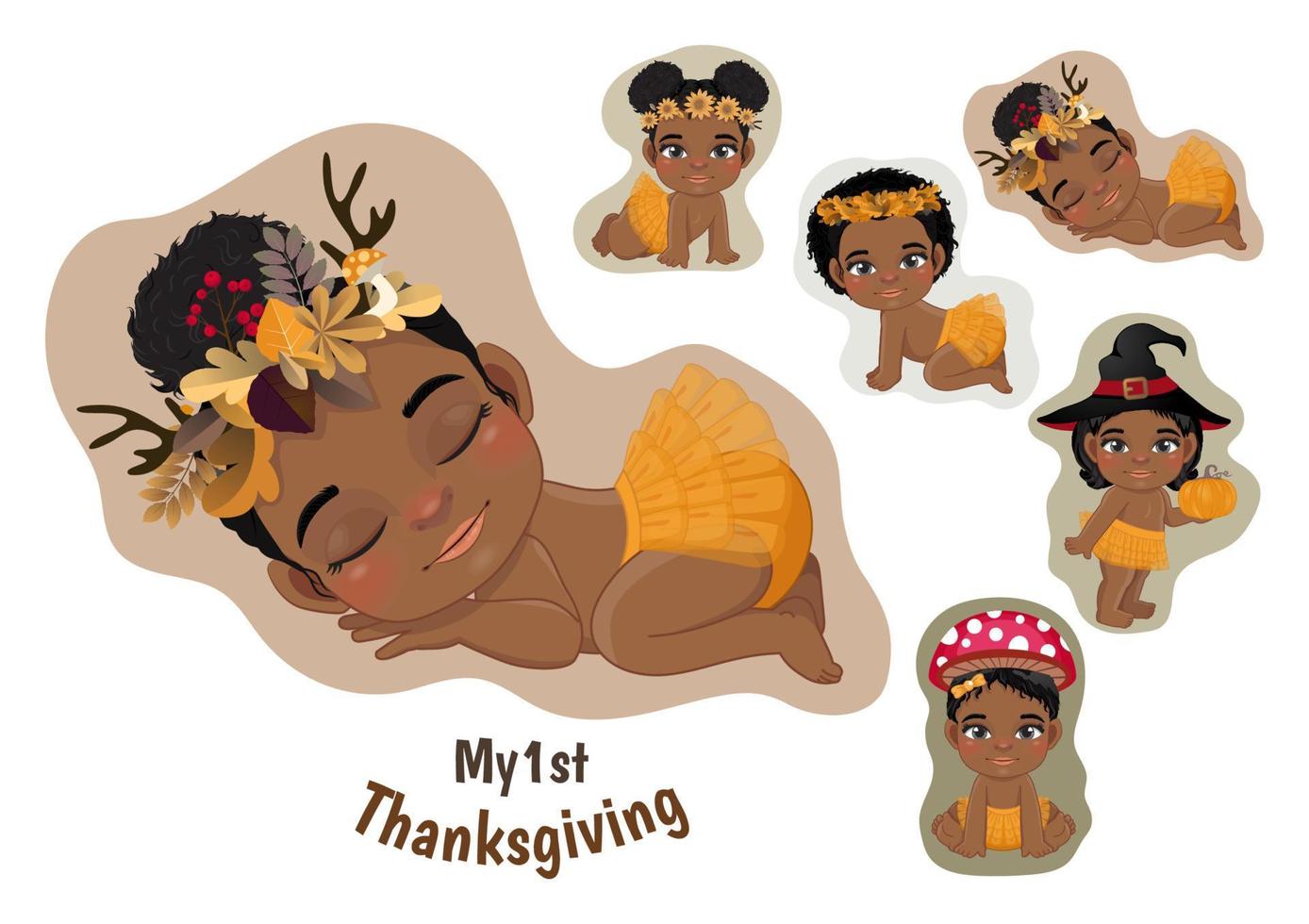 Baby's 1st Thanksgiving with cute baby black girls cartoon vector for baby clothes, greeting and invitation card, poster, and gifts design.