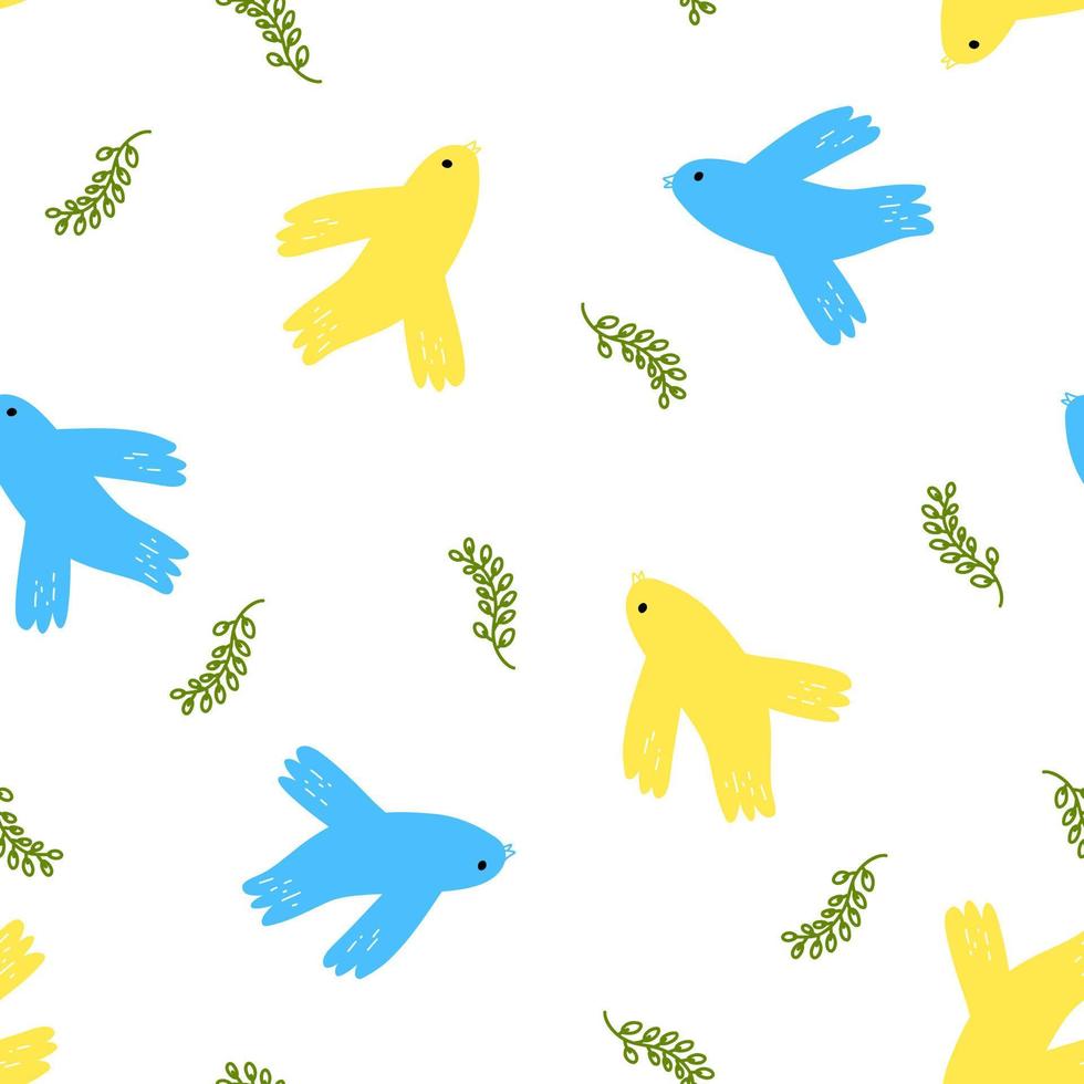 Vector seamless pattern with doves and olive branch in cartoon flat style on white background. Blue and yellow cute birds as concept of peace in Ukraine.