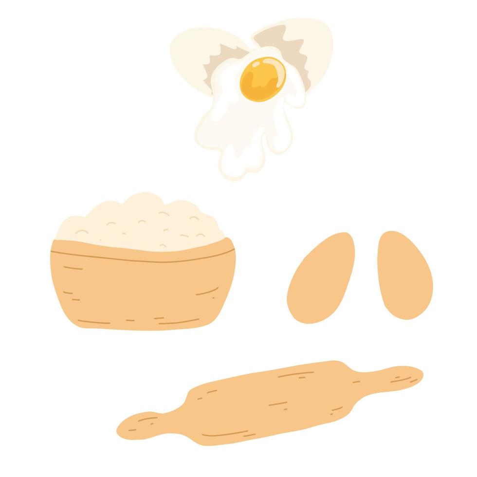 Wooden bowl with flour, eggs, rolling pin in cartoon flat style. Set of ingredients and utensils for baking, confectionery. Vector illustration